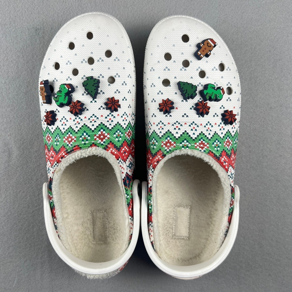 Crocs Classic Lined Clog Mens 13 White Fair Isle Holiday Christmas Pixel Jibbitz - Picture 1 of 16